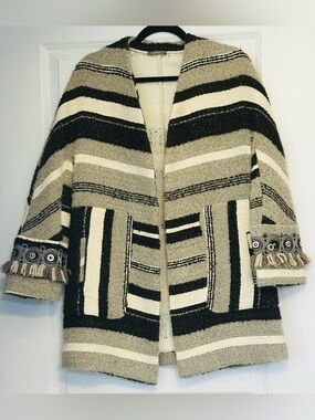 DIXIE Italy Coat Tan Brown Cream Unique Boho Open Front L/S Fringe Bling XS S